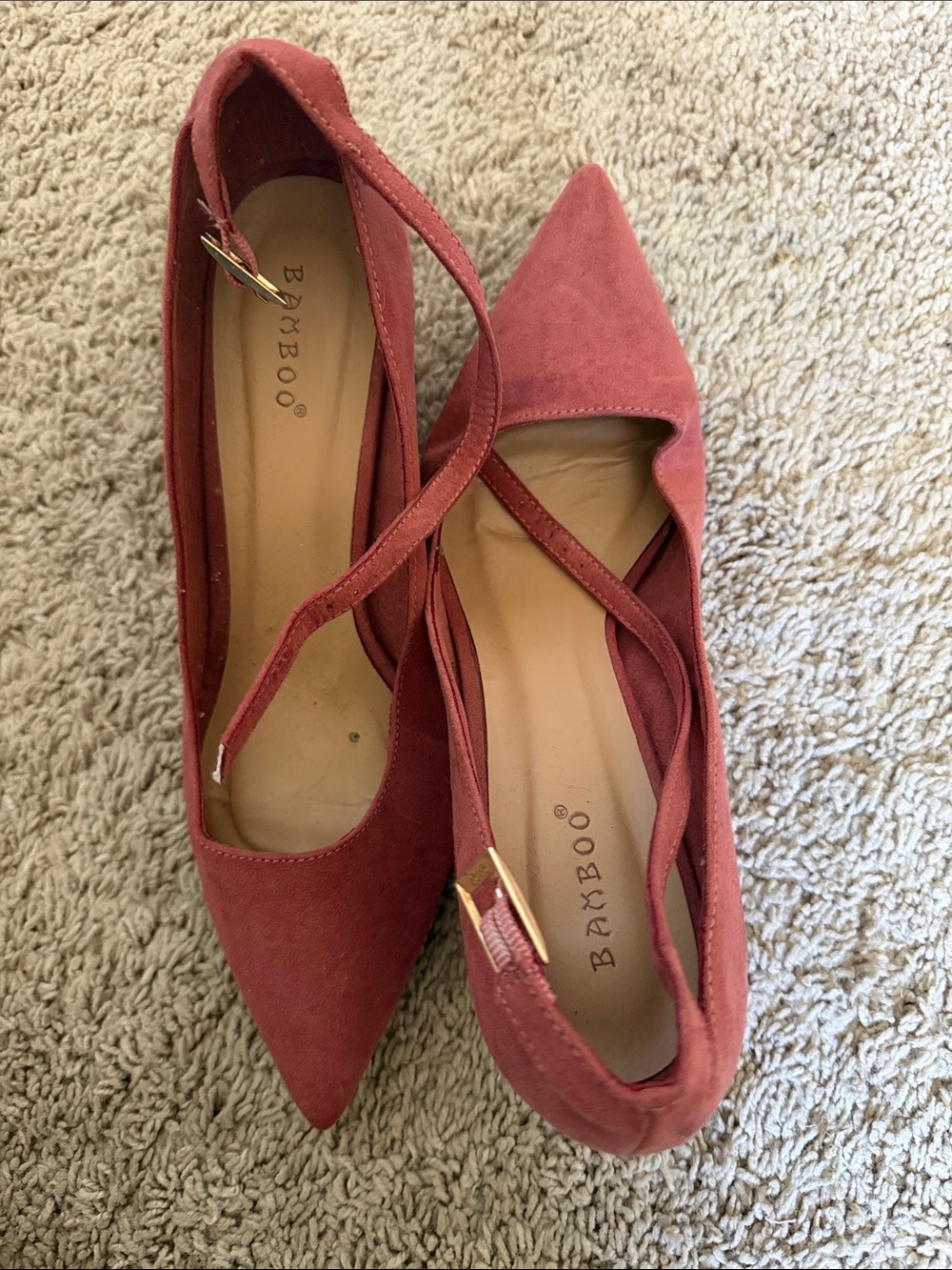 BAMBOO Women's Pointed Toe Cross-Strap Flats in Dusty Rose